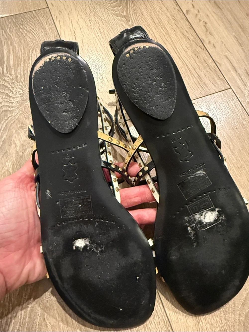 Tory Burch Studded Black and Gold Gladiator Sandals - Women 7.5